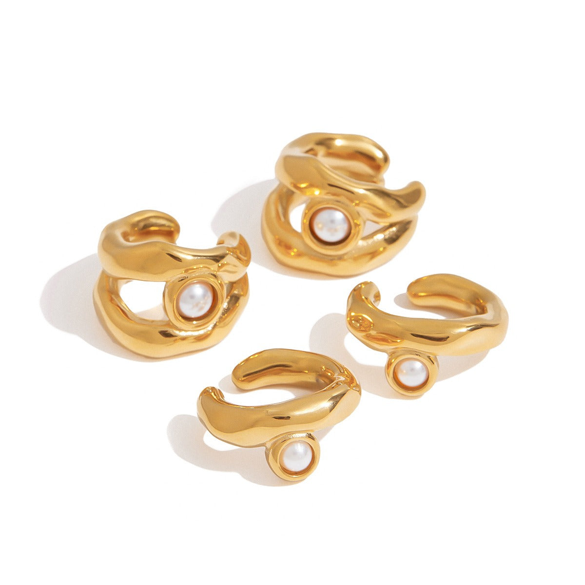 18K gold geometric hollow inlaid pearl design exquisite and fashionable earrings, bracelets and necklaces set