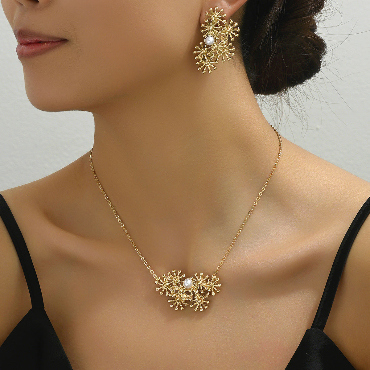 All-Match Fashion Sunflower Design Women's Earring Necklace Suit Personalized Hip-Hop Style With Pearl Niche Chain