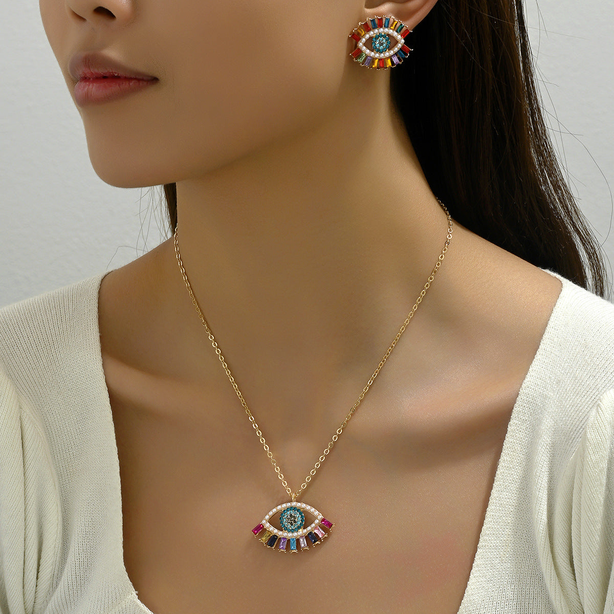 Ins Hip-hop Simple Style Necklace Earrings Women's Distinctive Angel Eye Design Diamond Earrings All-match Long Necklace