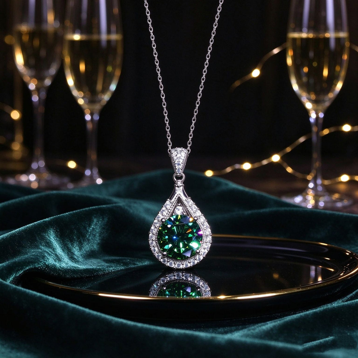 Light Luxury Pear Shape Green Gem Pendant Necklace For Women, Double Layer Halo Inlaid Zircon Clavicle Chain, Banquet Dress Jewelry