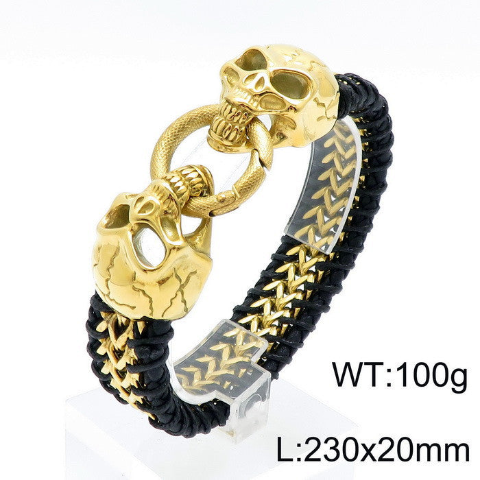 Titanium Steel Wolf Lion Skull Leather Bracelet