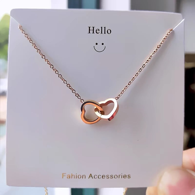 All-Titanium Steel Electroplated 18K Gold Cool Style Heart Double Ring Necklace For Women Niche Design Fashionable And Versatile High-End Sense