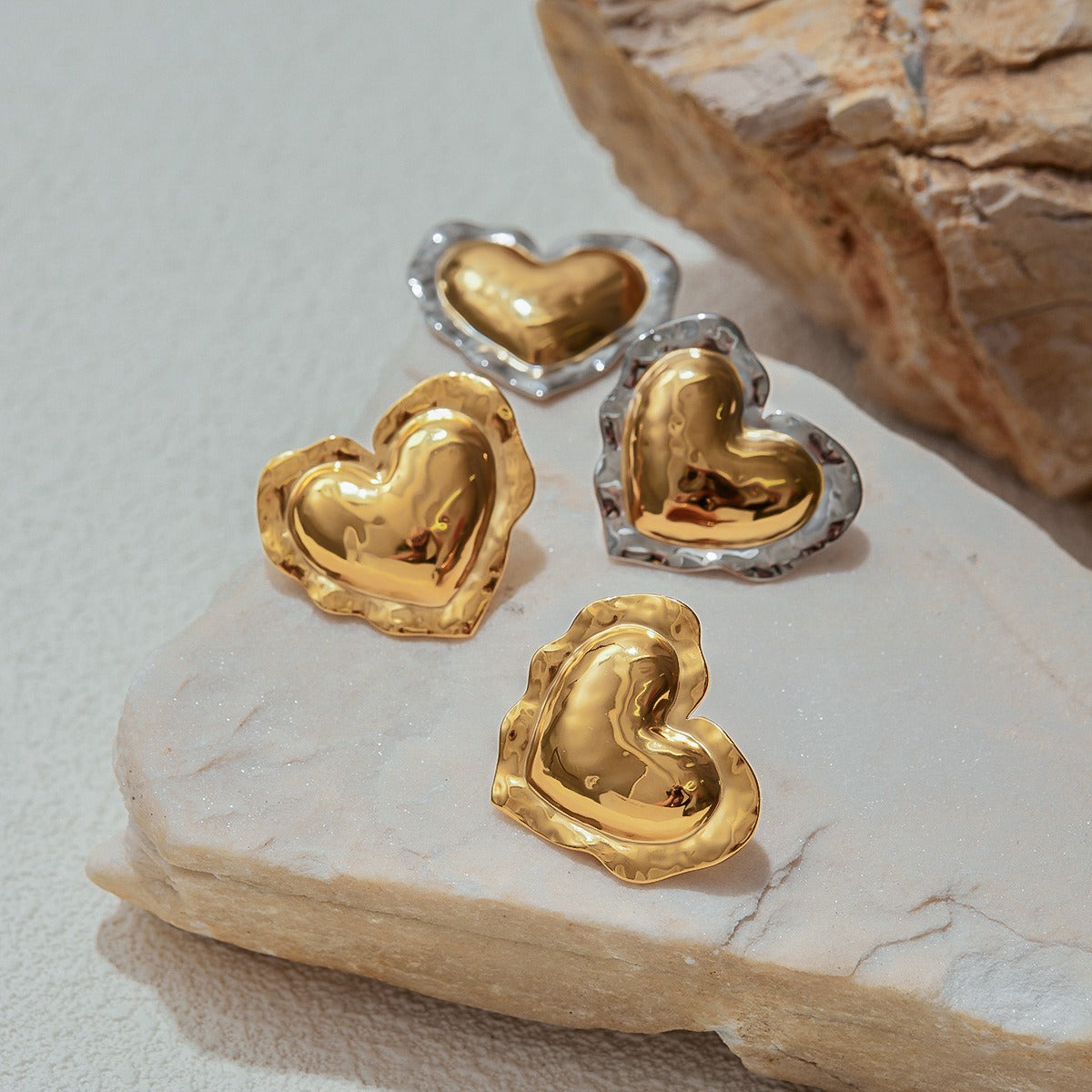 18K gold heart-shaped earrings and ring set with textured design