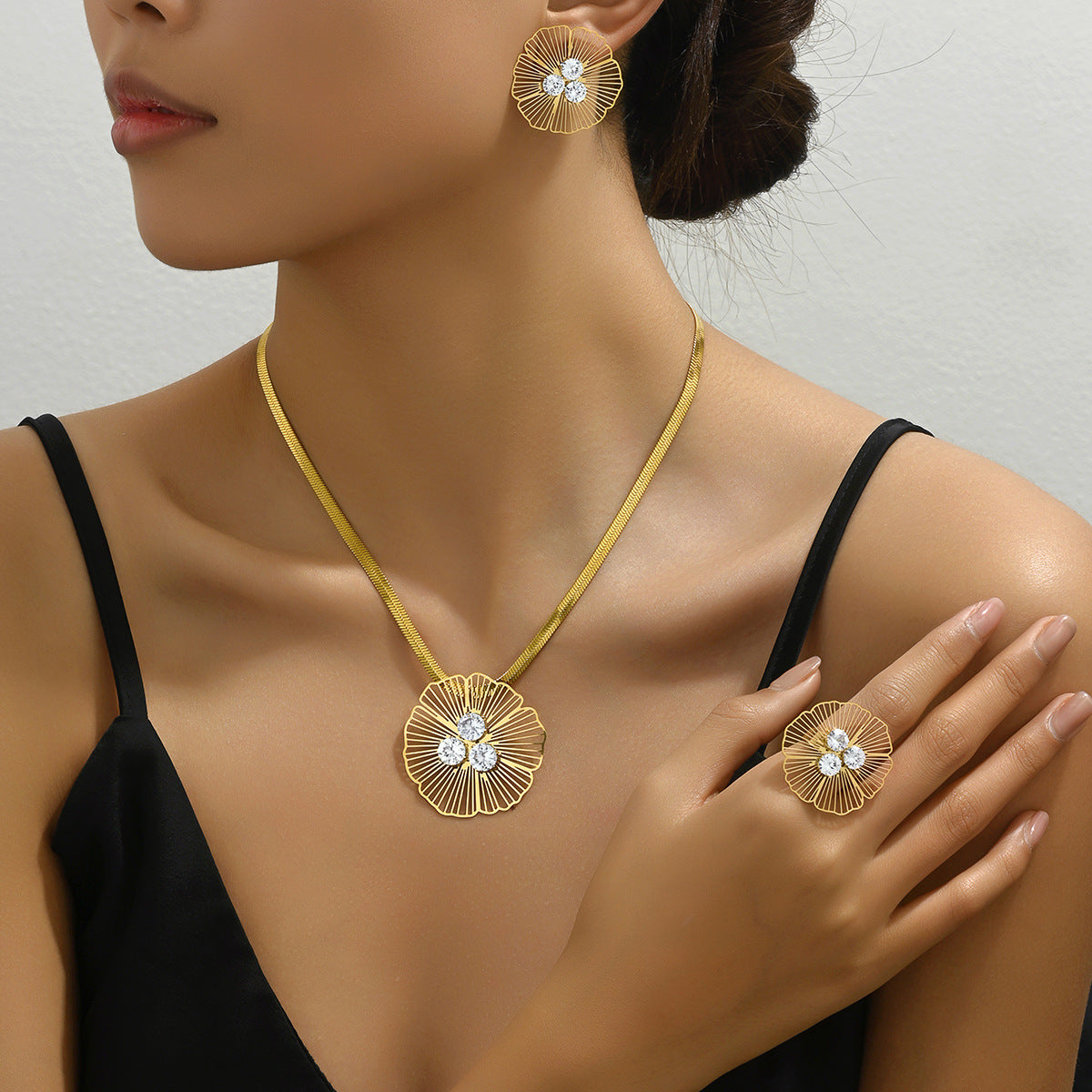 Korean Style Korean Style Fresh Sweet Women's Earrings Necklace Suit Distinctive Flower Exaggerated Design Finger Ring Jewelry