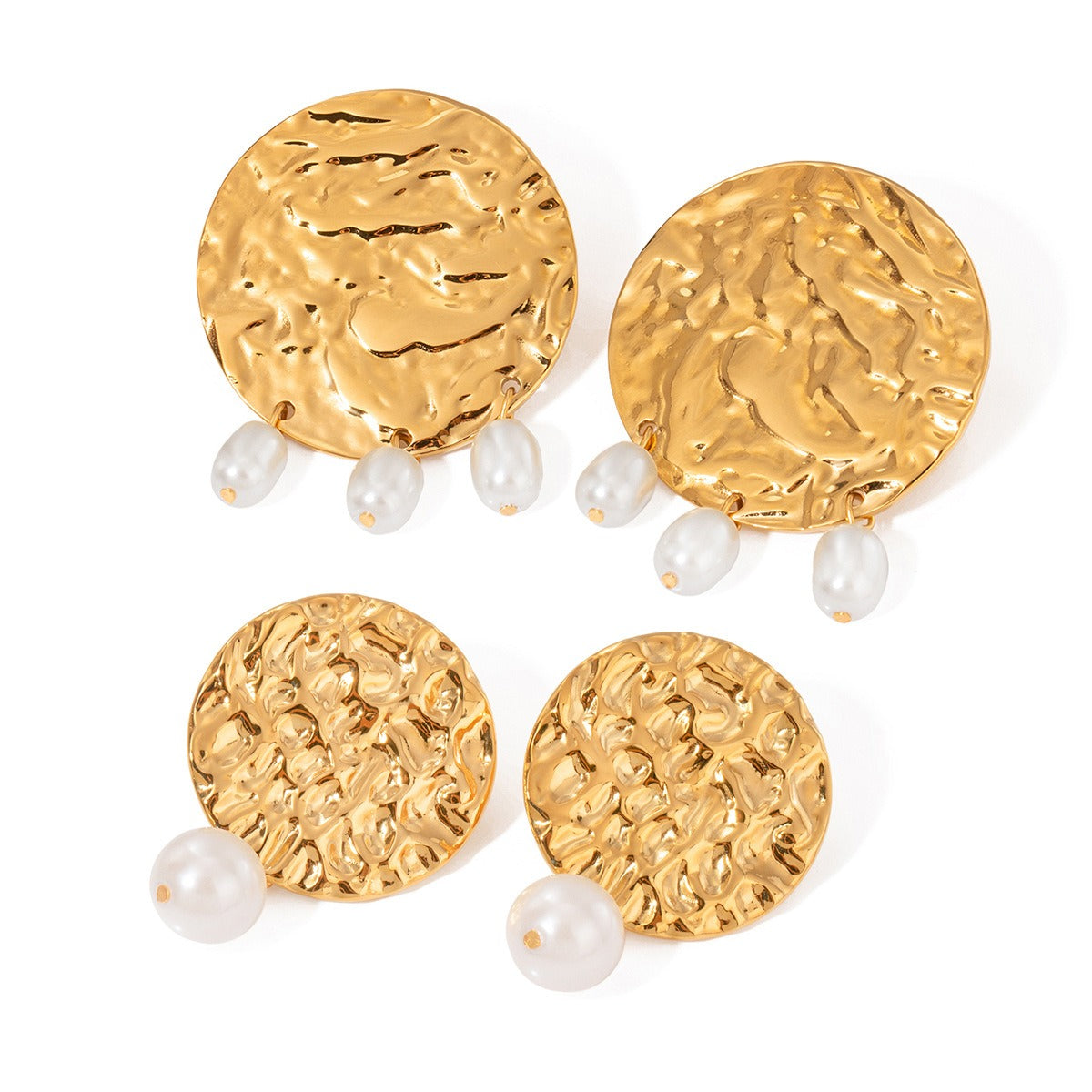 18K gold stylish round earrings with hammered and pearl design