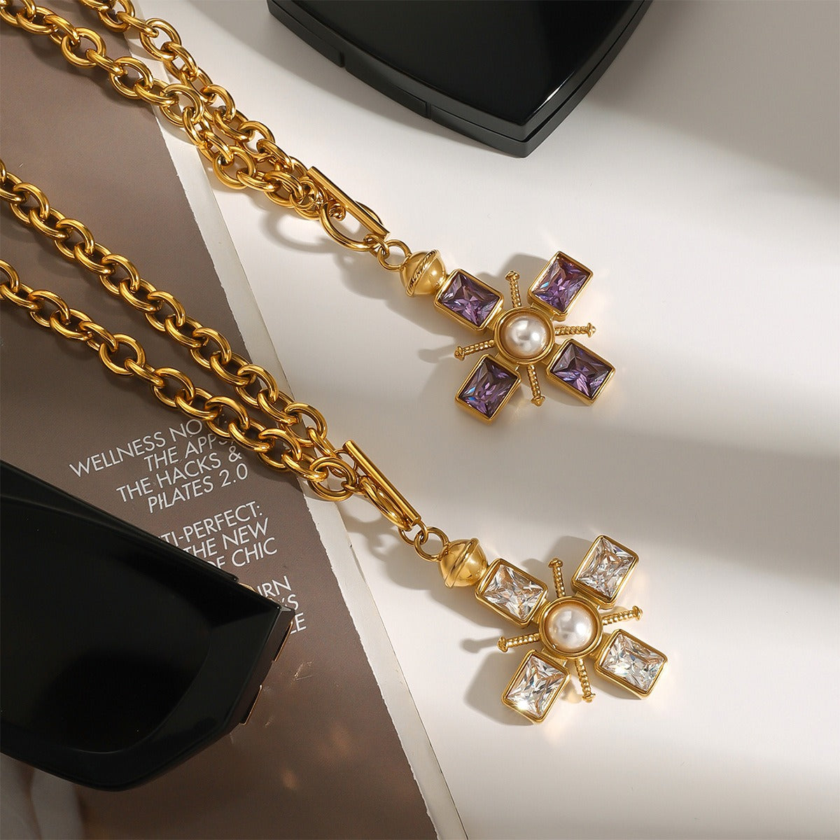 18K gold cross inlaid gemstone design high-end necklace ring set