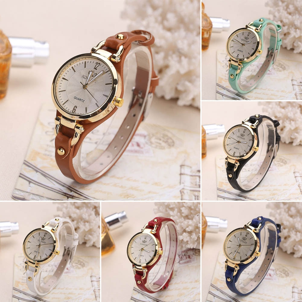 Quartz watch ladies leather strap solid color