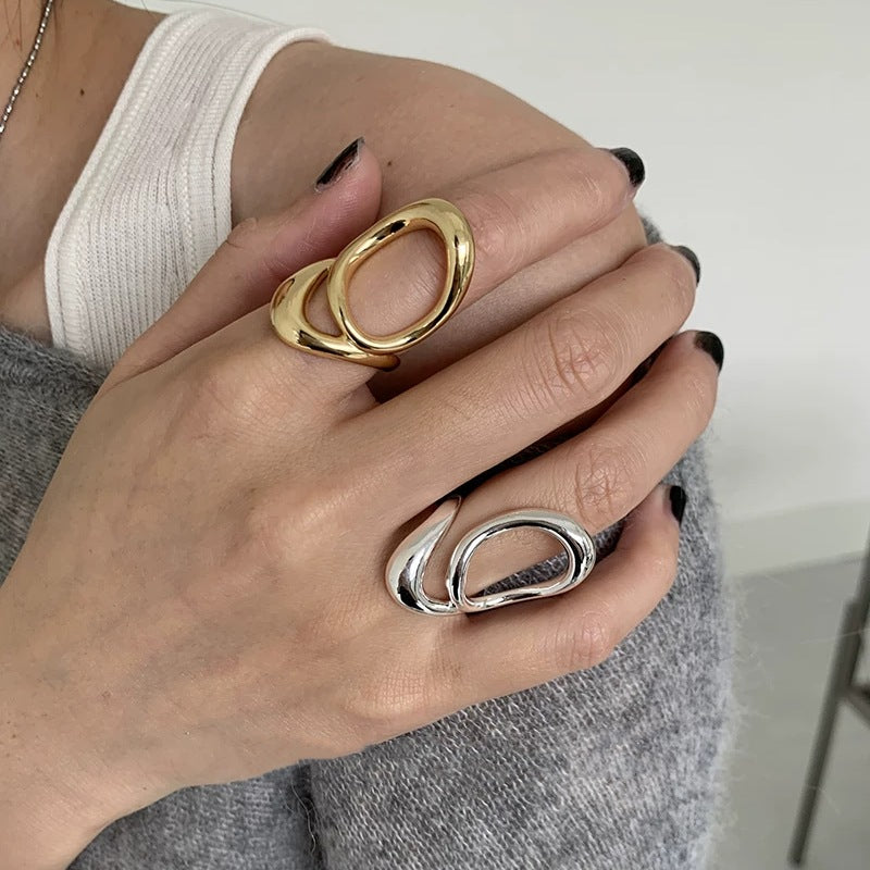 European American Style Unique Open Ring For Women, Geometric Exaggerated Hip Hop Punk Finger Band, Minimal Cold Tone Line Design Index Finger Jewelry