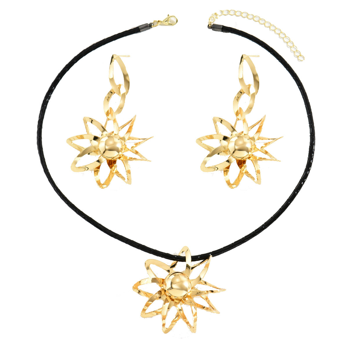 All-match Hip-hop Style Ladies Long Necklace Earrings Suit Personality Sunflower Design Ring Niche Jewelry Wholesale