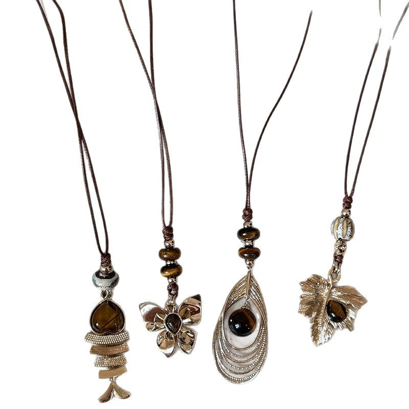 Maillard Vintage Tiger's Eye Stone Leaf Pendant Necklace For Women, Niche High Sense Elegant Delicate Versatile Sweater Chain Neck Jewelry