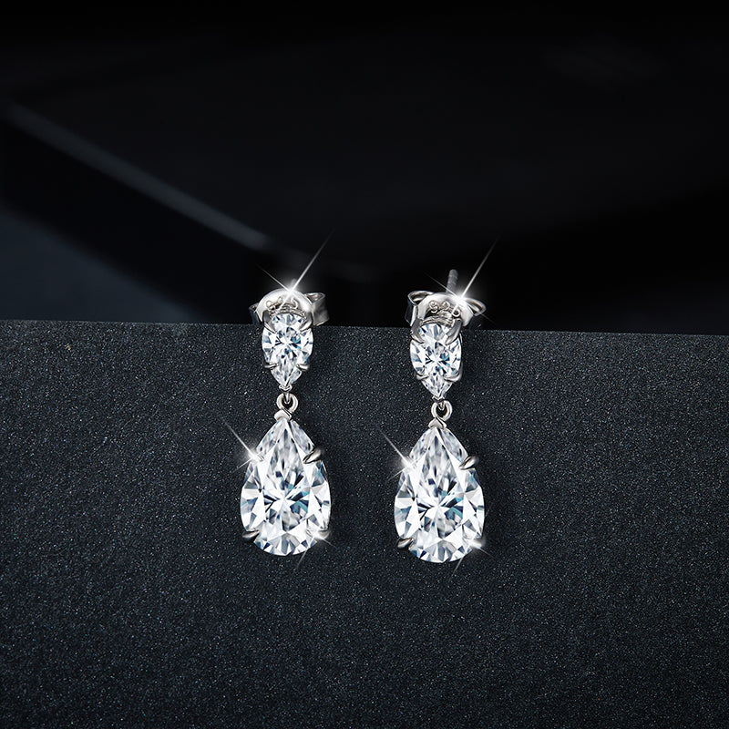 S925 Sterling Silver Pear Cut Moissanite Dangle Earrings 7x11mm Teardrop Double Stone Drop Earrings With GRA Platinum Plated Jewelry Gift Box Set