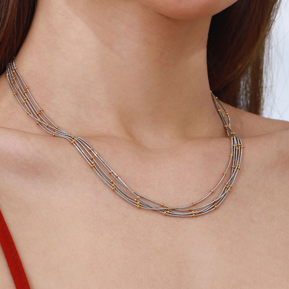 18K gold multi-layer chain with round beads design exquisite and fashionable necklace