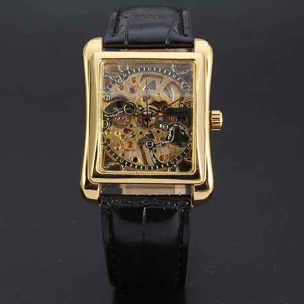 Hollowed-out Gear Square-dial Gold Mechanical Leather-strap Watch