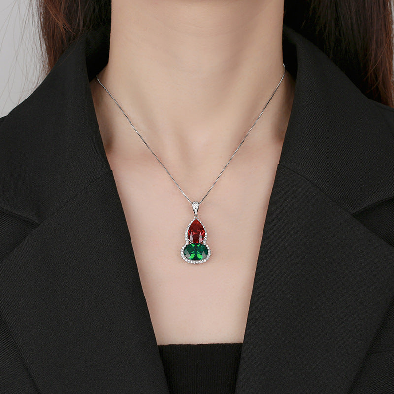 Luxury Gourd Shape Crystal Pendant Necklace For Women Micro Paved Zircon Lucky Hu Lu Colored Gemstone Choker Necklace Elegant Silver Plated Clavicle Chain Jewelry Gift