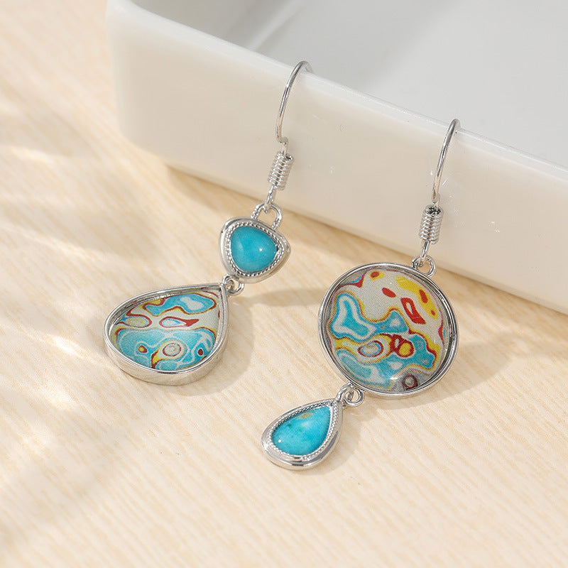 Vintage Colorful Abstract Stone Asymmetric Drop Earrings Silver Tone Brass Women Boho Daily Fashion Jewelry