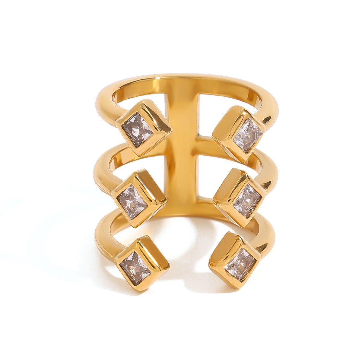 18K gold diamond-shaped gemstone-inlaid ring with exaggerated personality
