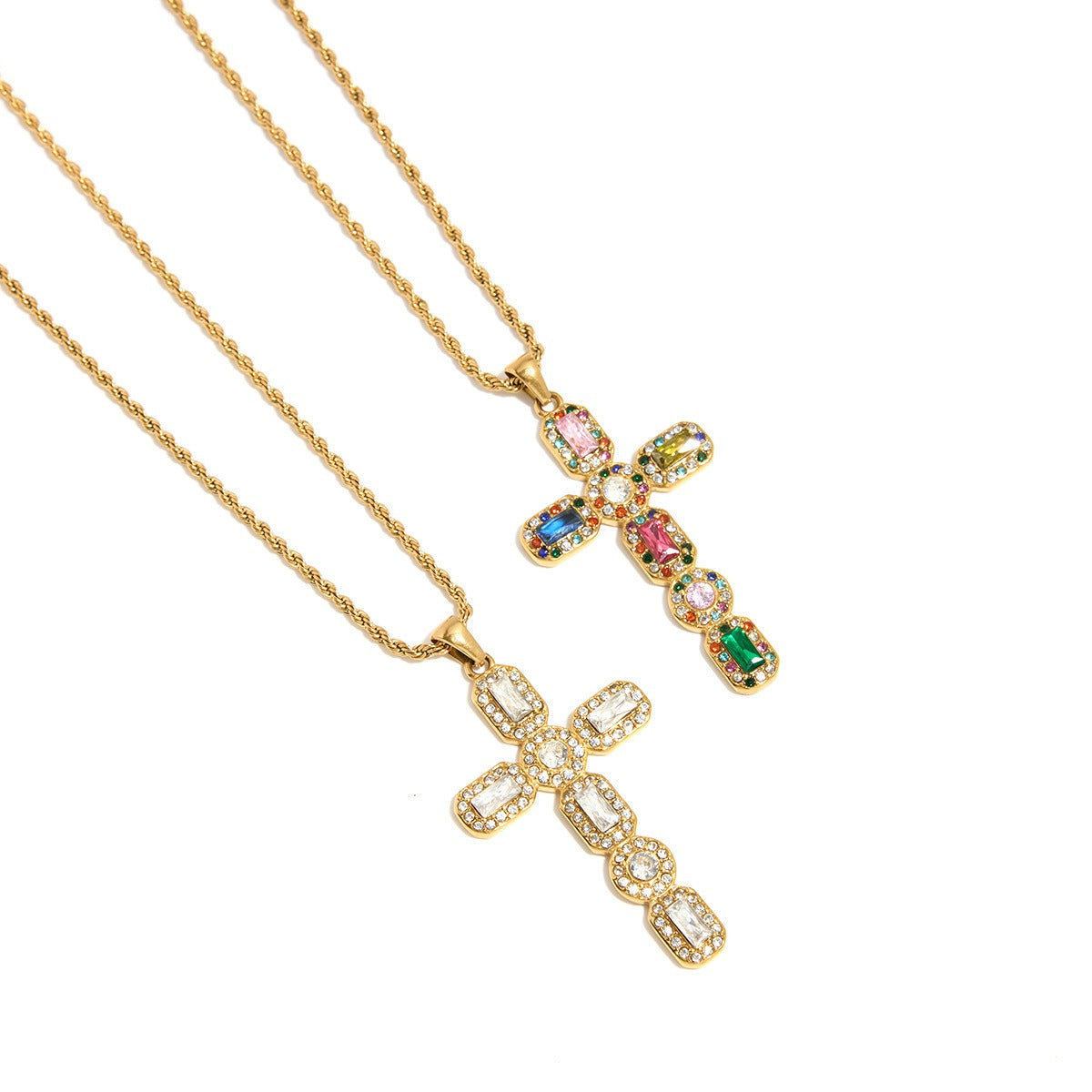18K gold cross inlaid gemstone exquisite design dazzling necklace