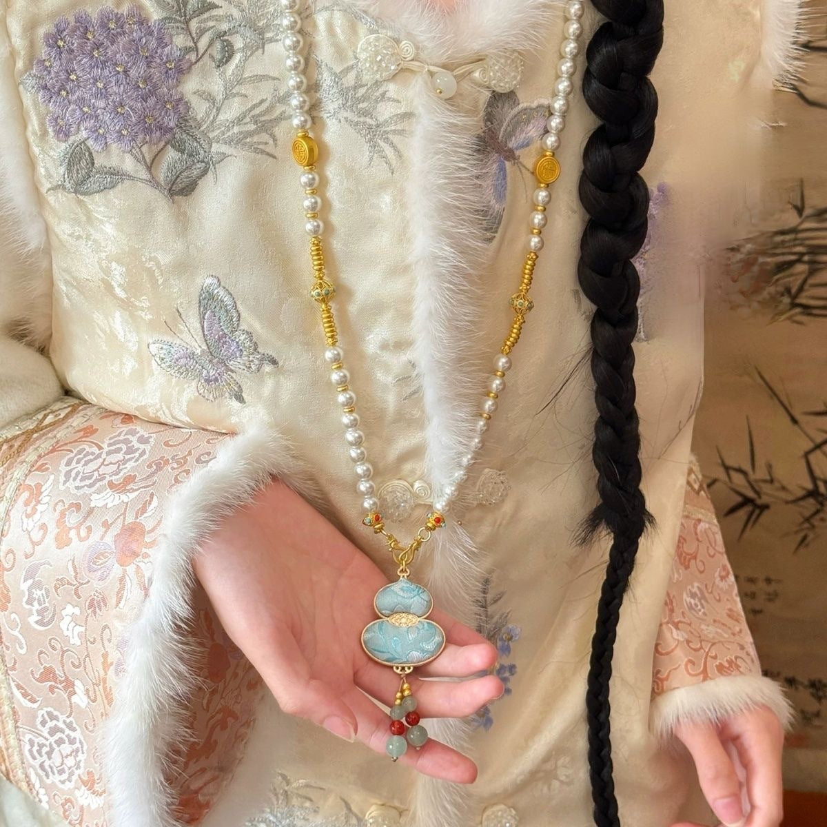 Chinese-style Song Brocade Double-sided Gourd Imitation Pearl New Chinese-style Necklace For Women, Long Ethnic-style Accessory For Cheongsam And Sweater