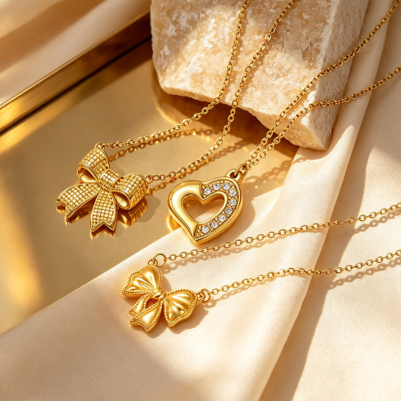 Korean-style Instagram Fashion, Elegant Heart-shaped Cubic Zirconia Couple Necklace, Women's High-end, Minimalist Stainless Steel With 18k Gold-plated Pendant
