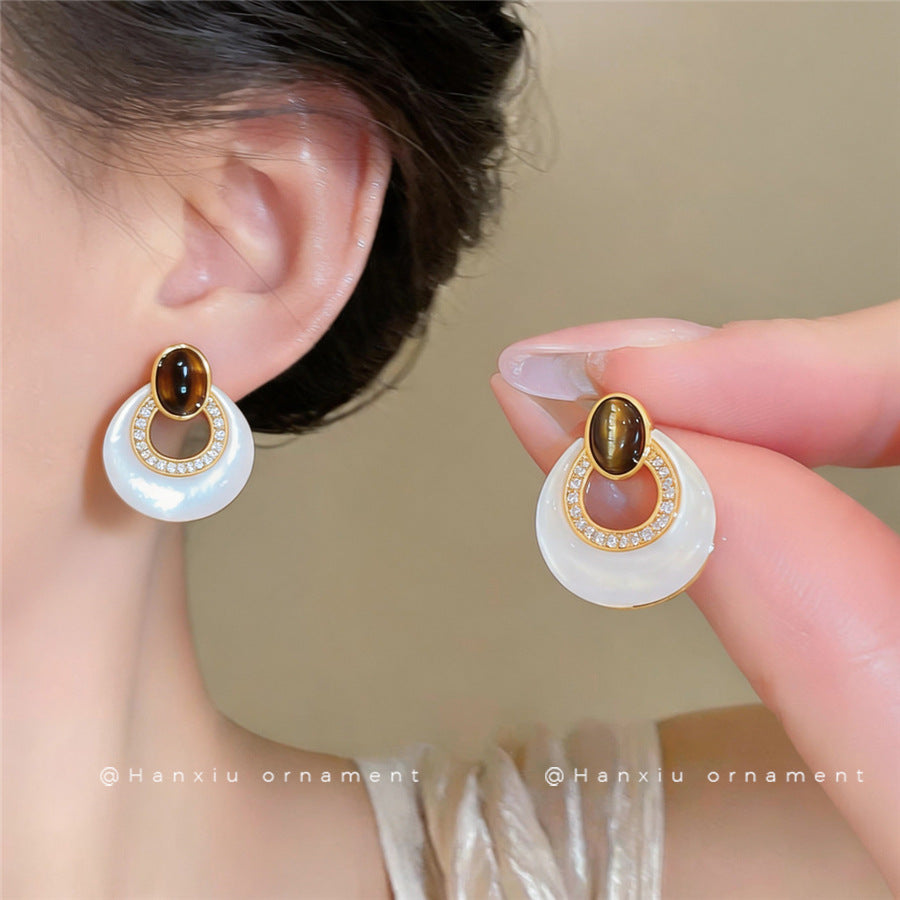French Luxury U-Shaped Faux Tiger Eye Stone Stud Earrings For Women, Niche Elegant Daily Commute Versatile High Grade Ear Jewelry