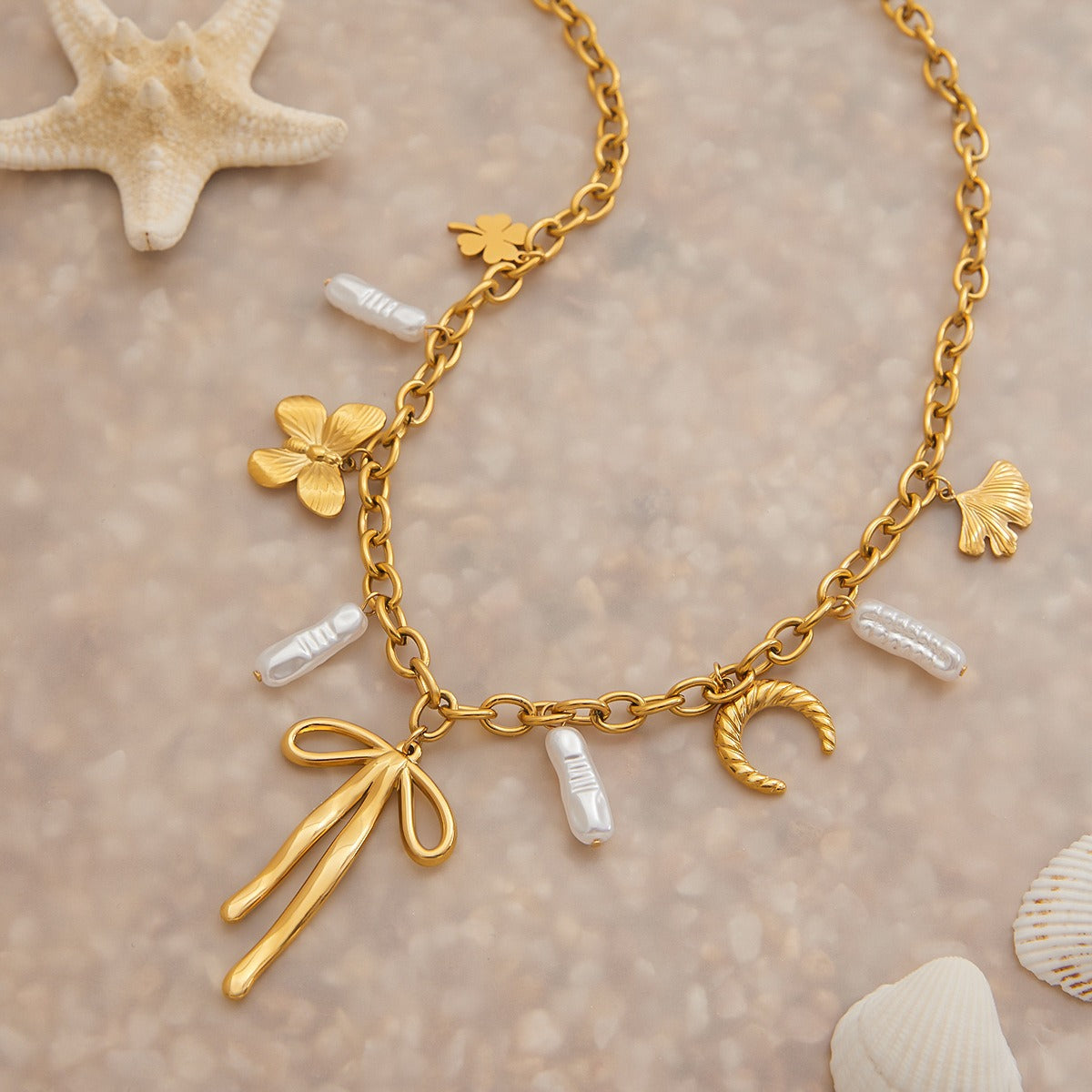 18K gold bow with pearl design exquisite and noble necklace