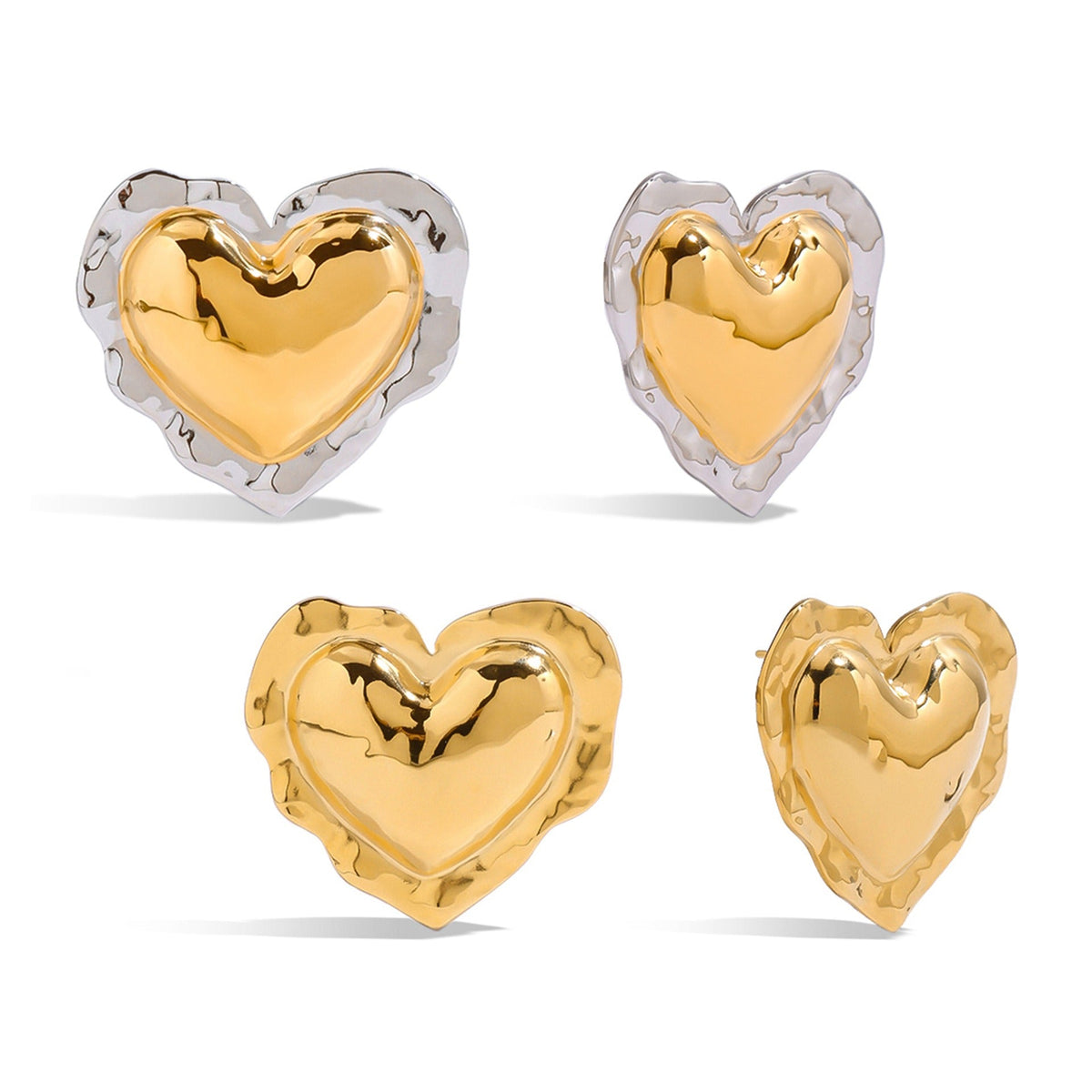 18K gold heart-shaped earrings and ring set with textured design