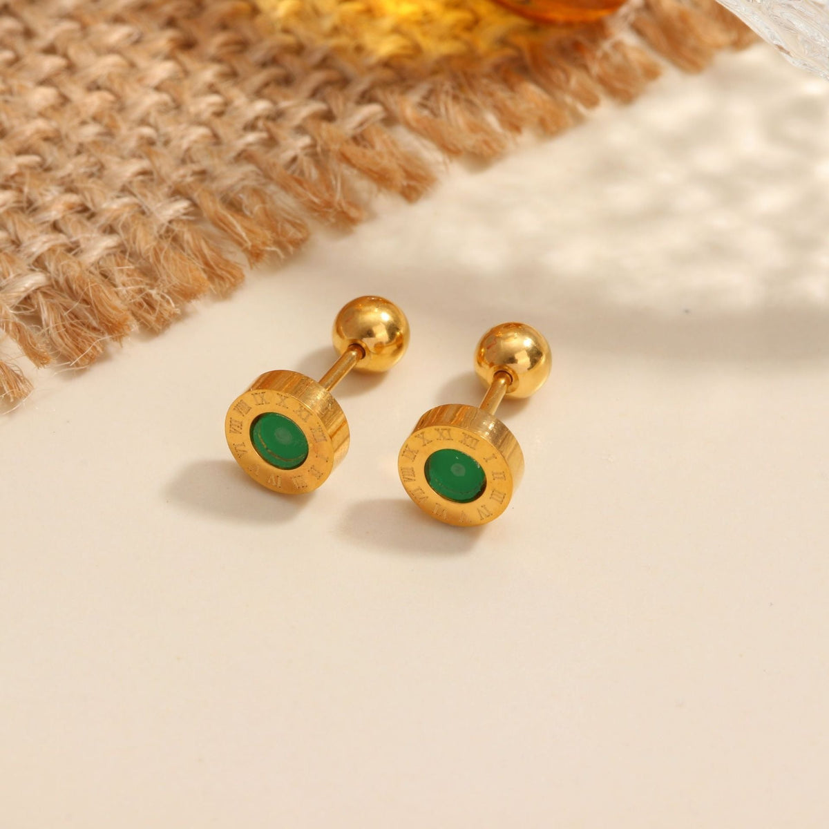 18K gold geometric inlaid gemstone design high-end earrings