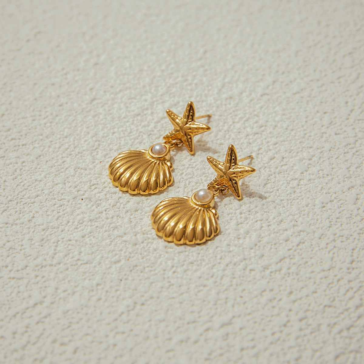 18K gold starfish and shell design ocean-style earrings