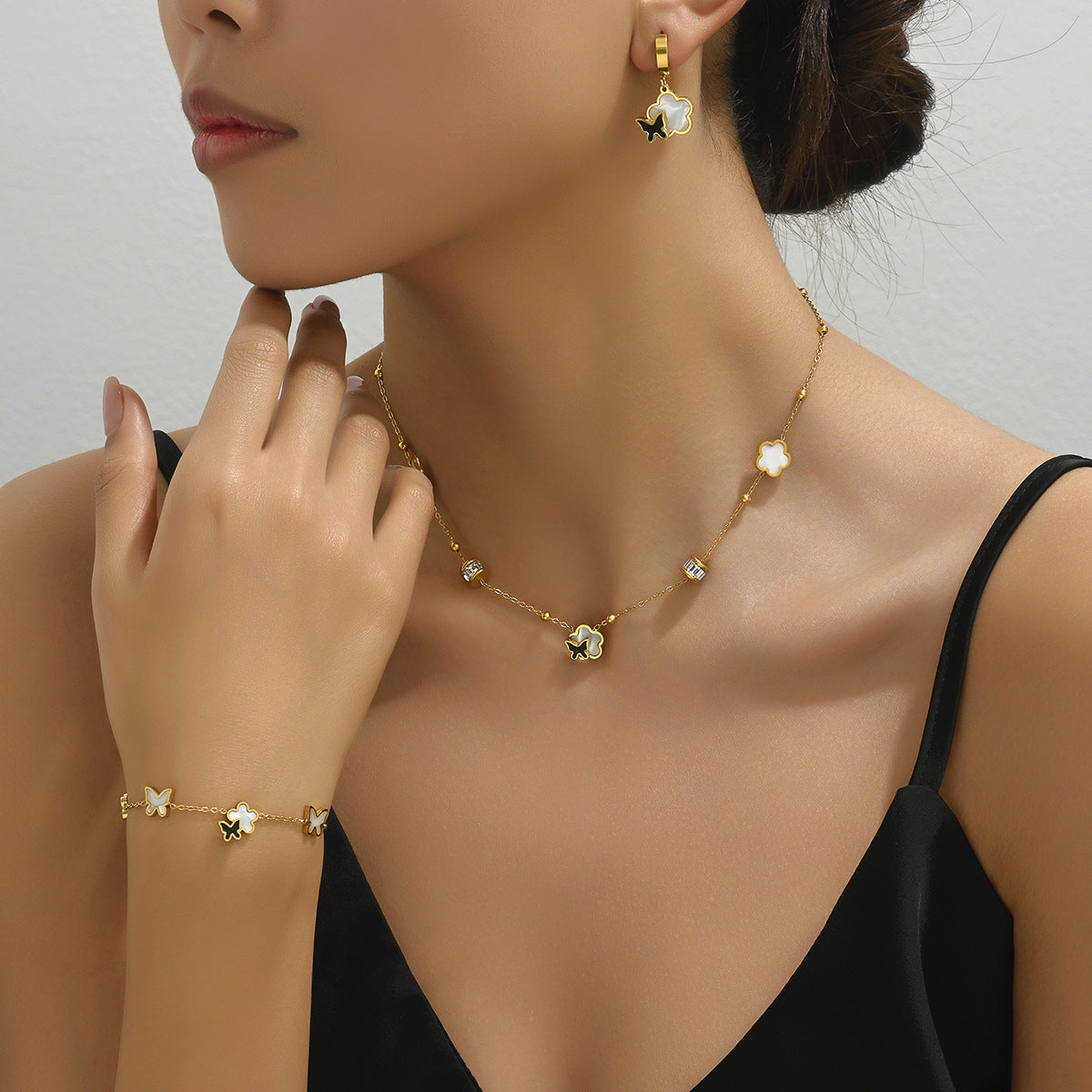 Simple Korean Style Geometric Bracelet Earrings Suit All-match Style Butterfly Niche Zircon Design Necklace