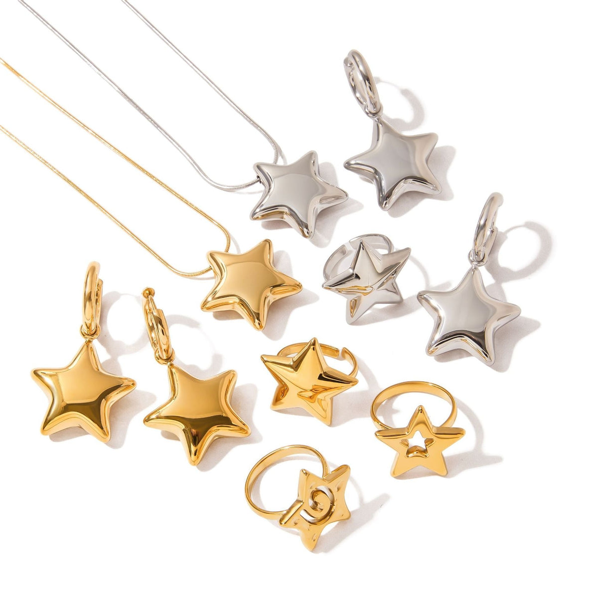 18K gold star-shaped design elegant necklace, ring, earrings and brooch set