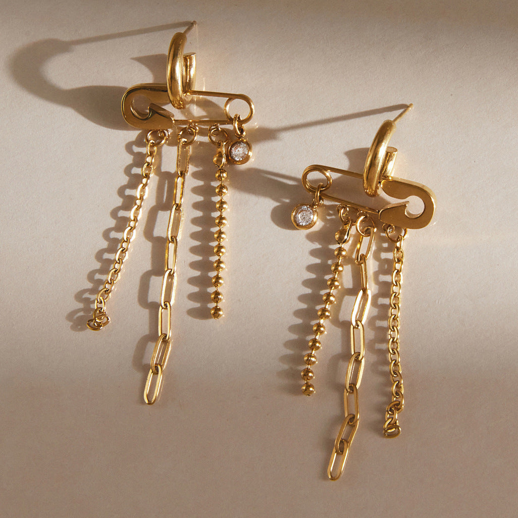 Safety Pin Chain Tassel Earrings