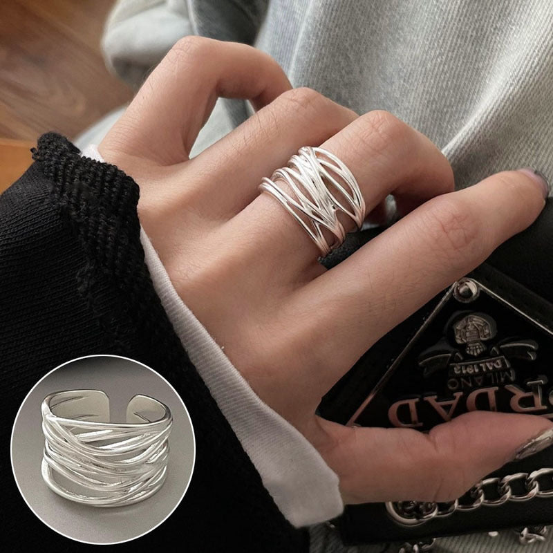 High Sense Star Open Ring For Women, INS Niche Brushed Texture Luxury Adjustable Index Finger Statement Ring