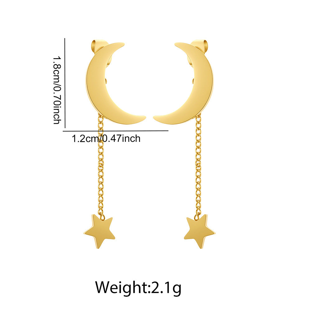 New Stainless Steel Tassel Earrings For Women, Minimalist Star Moon Stud Earrings, Fashion High-End Colorfast Ear Jewelry
