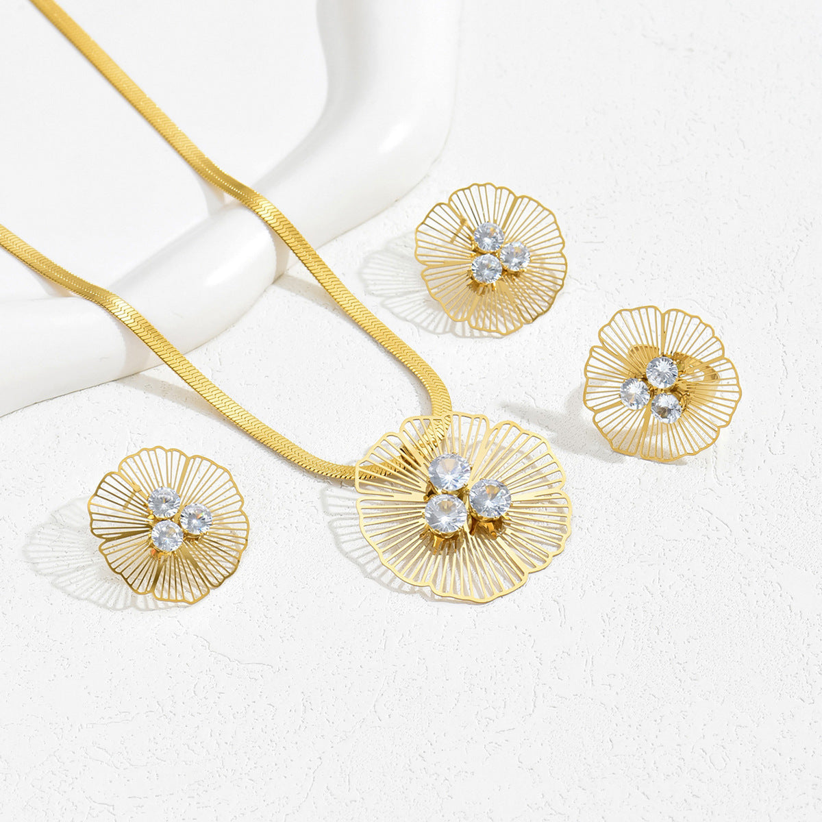 Korean Style Korean Style Fresh Sweet Women's Earrings Necklace Suit Distinctive Flower Exaggerated Design Finger Ring Jewelry