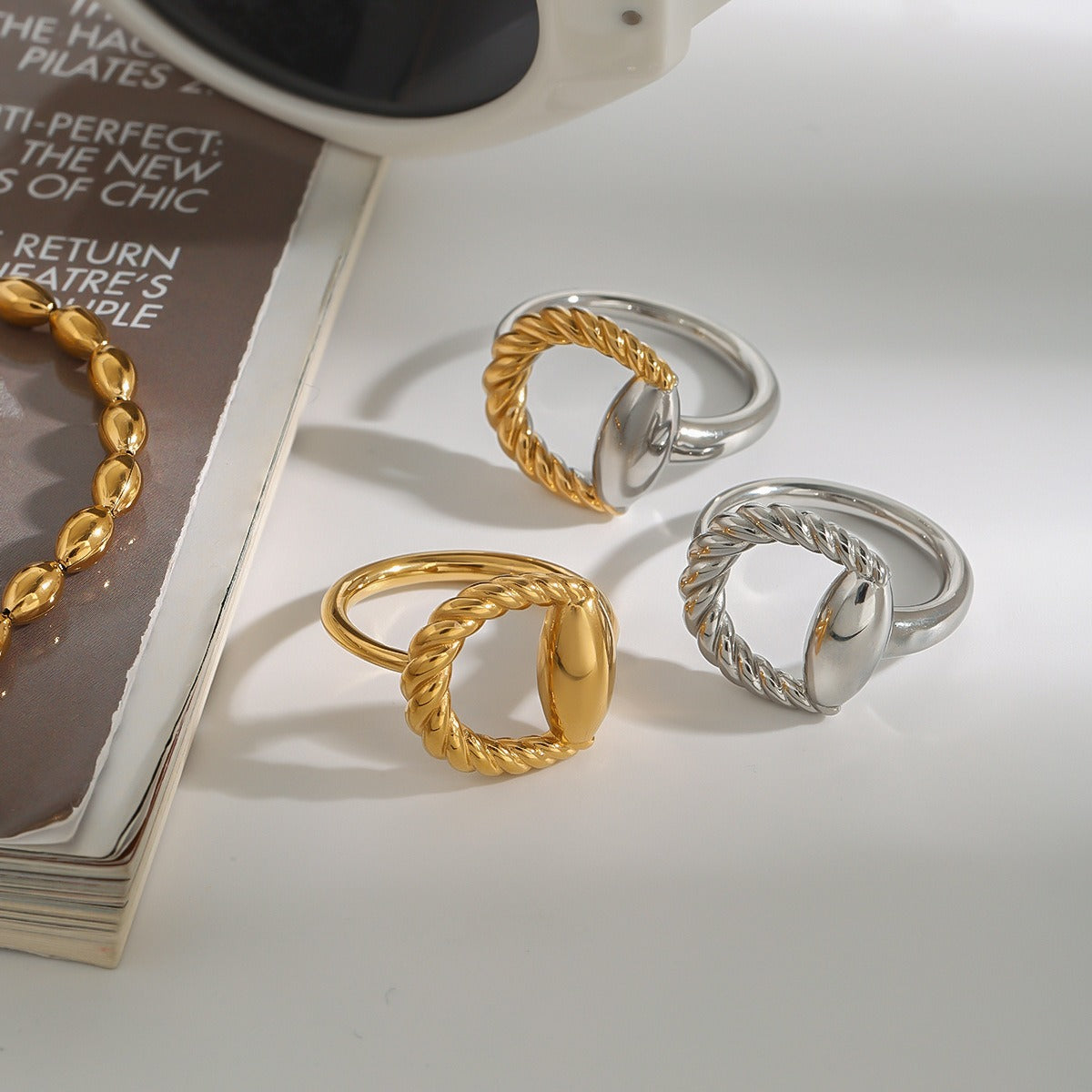 18K gold geometric shape with texture design trendy open ring