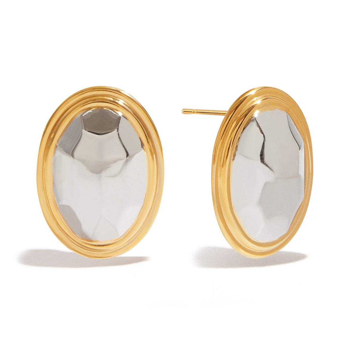 18K gold oval earrings with gold and silver color matching design, simple and unique