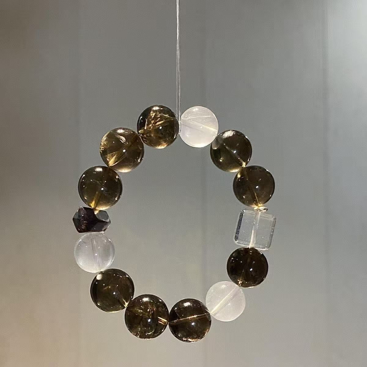 Natural Smoky Quartz Clear Quartz Bracelet Two Tone Beaded Chain Unisex Energy Jewelry