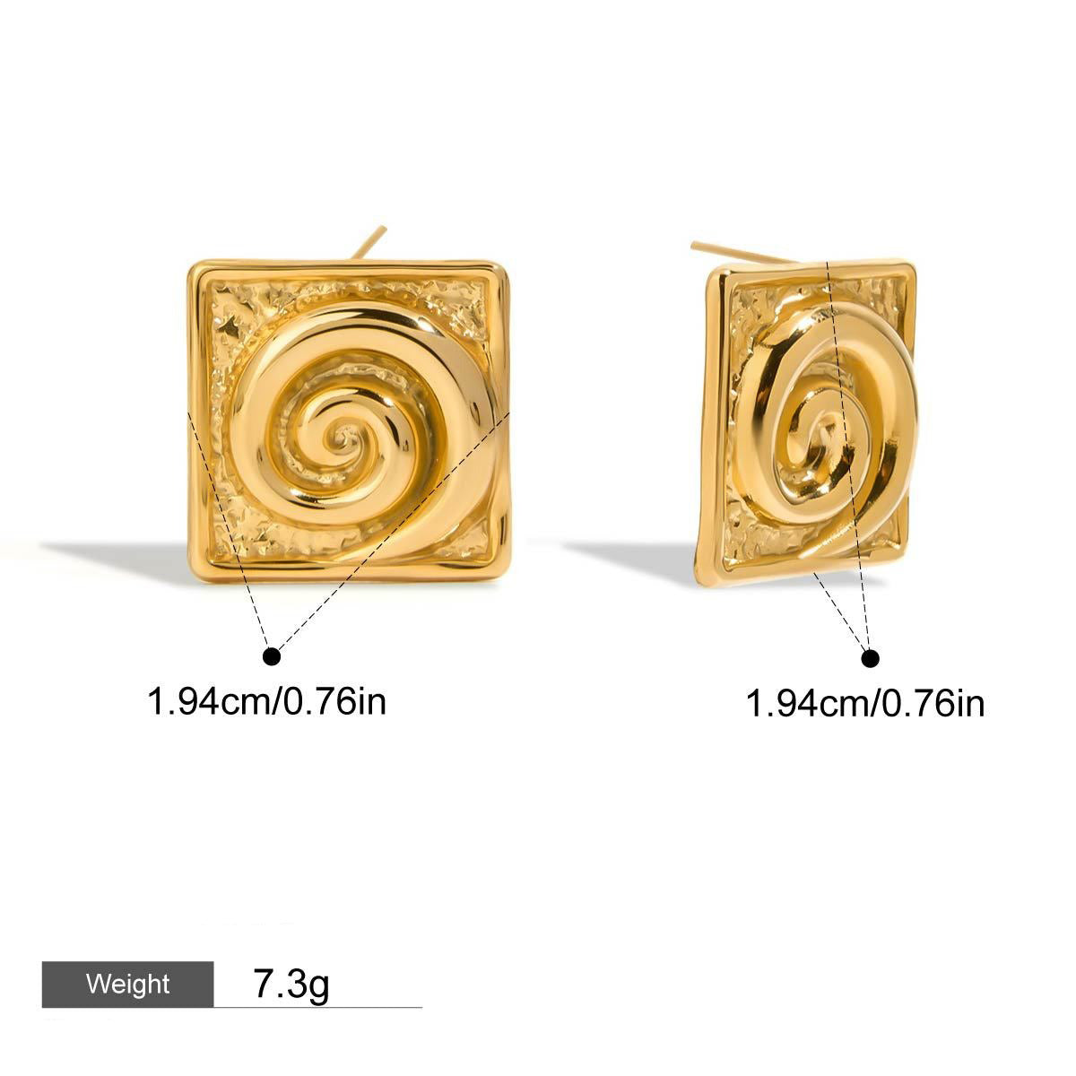 18K gold square with spiral pattern design simple and unique earrings