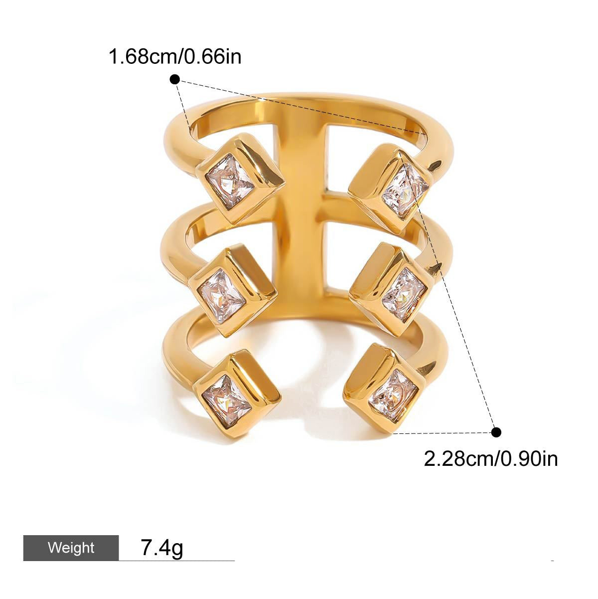 18K gold diamond-shaped gemstone-inlaid ring with exaggerated personality
