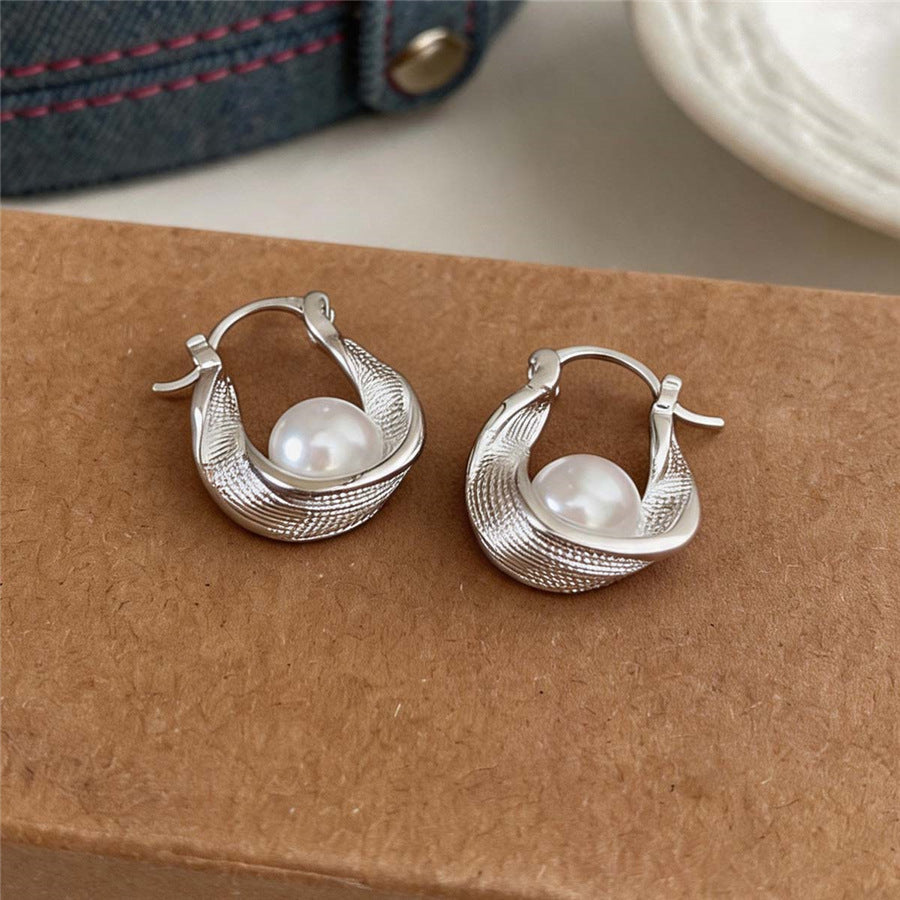 French Cream Style Pearl Silver Half Huggie Earrings For Women, Elegant Delicate Style Geometric Circle Ear Jewelry