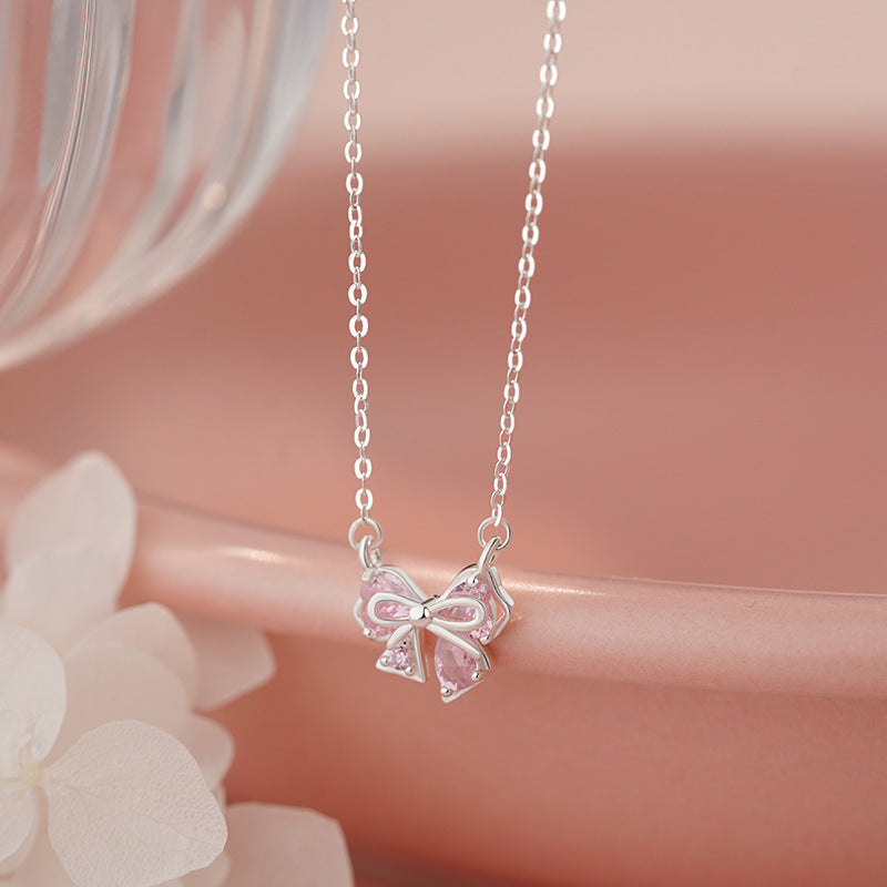 S999 Pure Silver Bow Clavicle Chain Exquisite Niche High-End Pendant Necklace Feminine Elegant Pure Silver Neck Chain