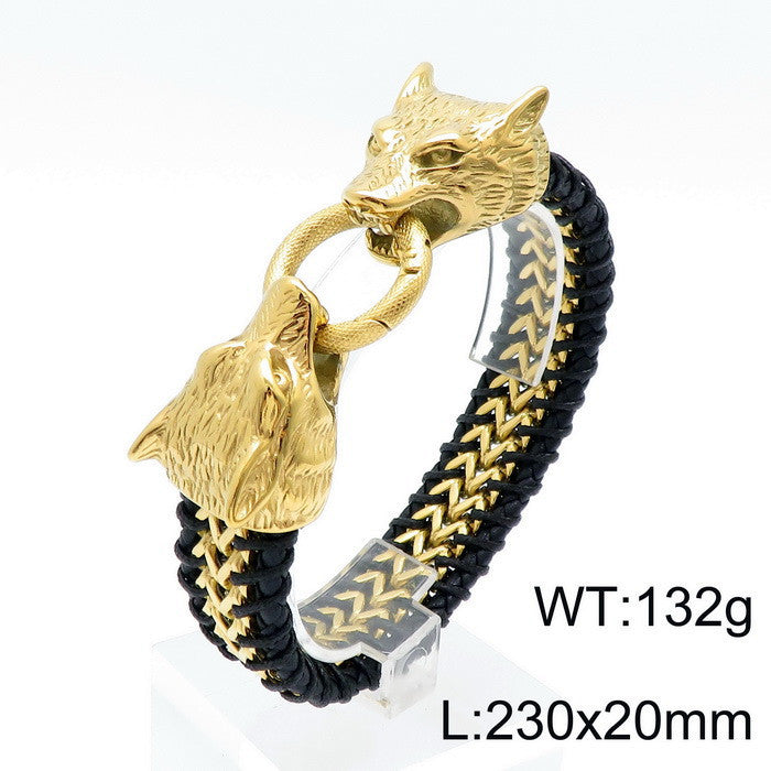 Titanium Steel Wolf Lion Skull Leather Bracelet