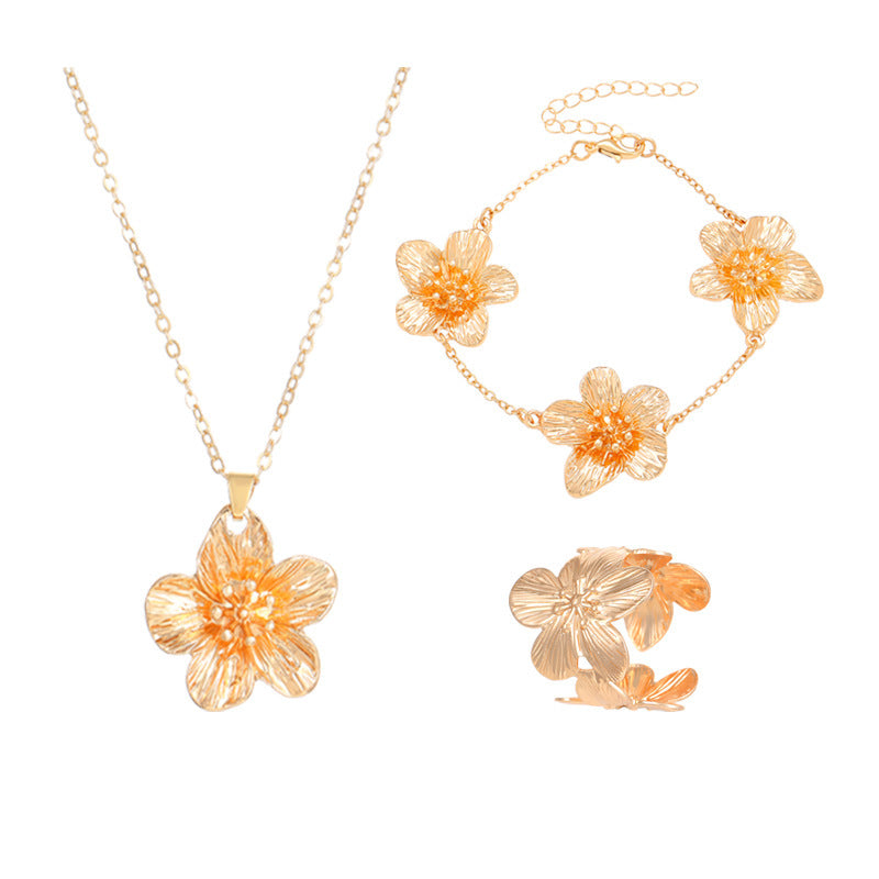 European And American Cross-Border Jewelry Pleated Texture Design Flower Earrings Necklace Bracelet Anklet Ring Bracelet Set For Women