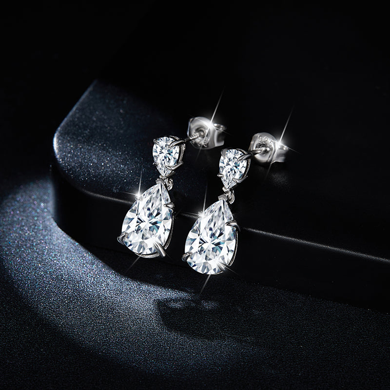 S925 Sterling Silver Pear Cut Moissanite Dangle Earrings 7x11mm Teardrop Double Stone Drop Earrings With GRA Platinum Plated Jewelry Gift Box Set