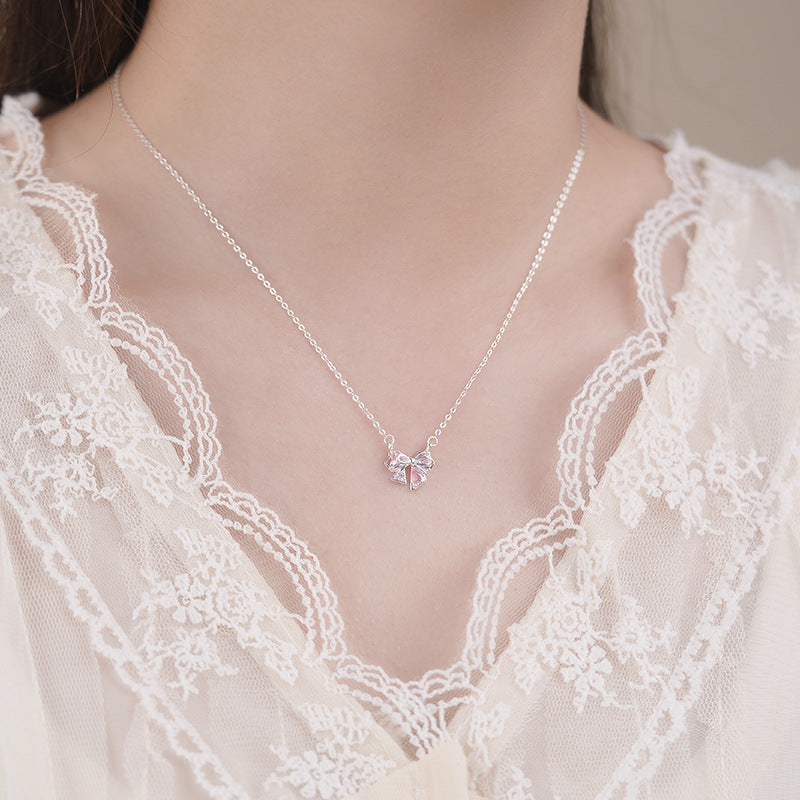 S999 Pure Silver Bow Clavicle Chain Exquisite Niche High-End Pendant Necklace Feminine Elegant Pure Silver Neck Chain