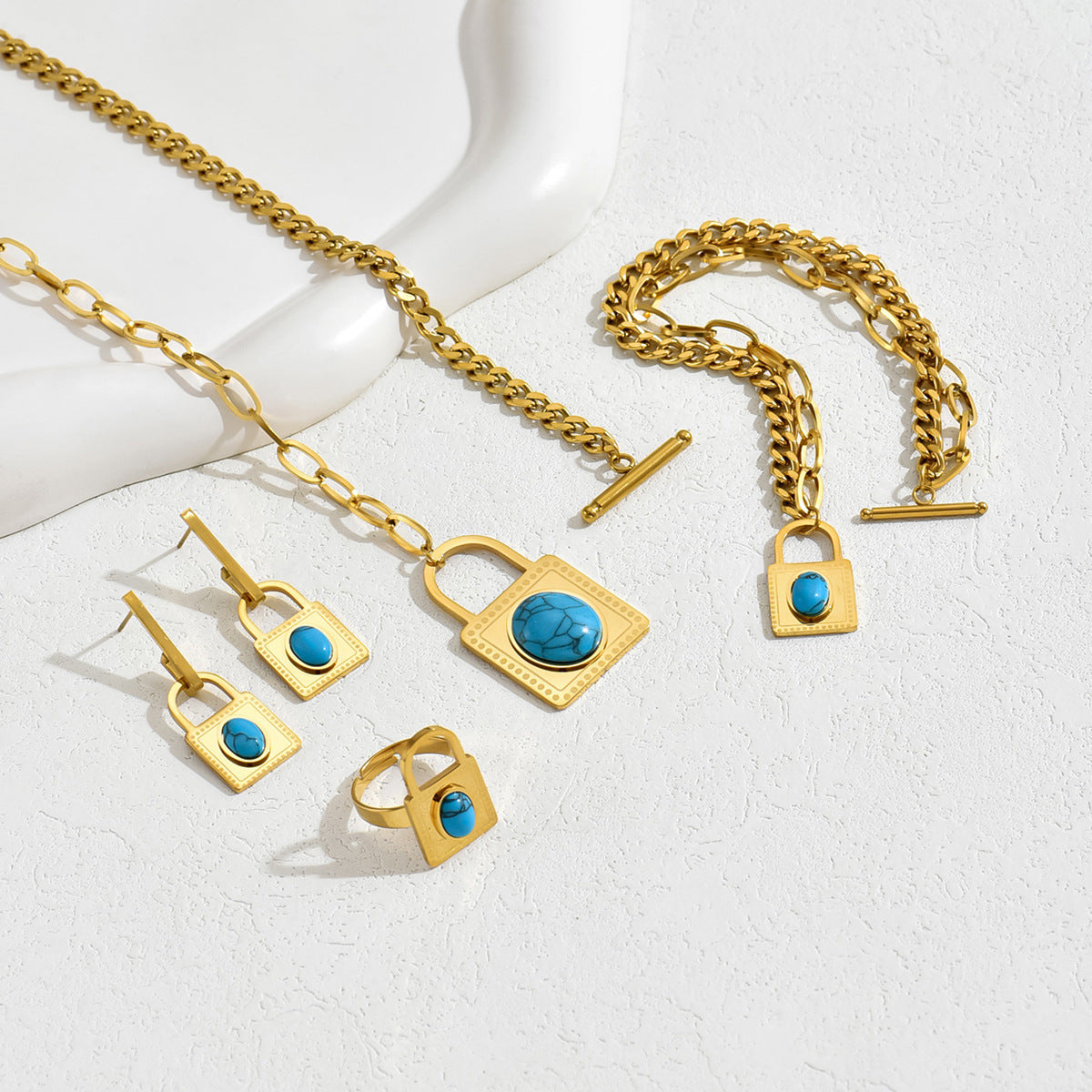 Simple Hip-hop Women's Bracelet Earrings Suit Distinctive Inlaid Turquoise Lock Niche Design Long Necklace