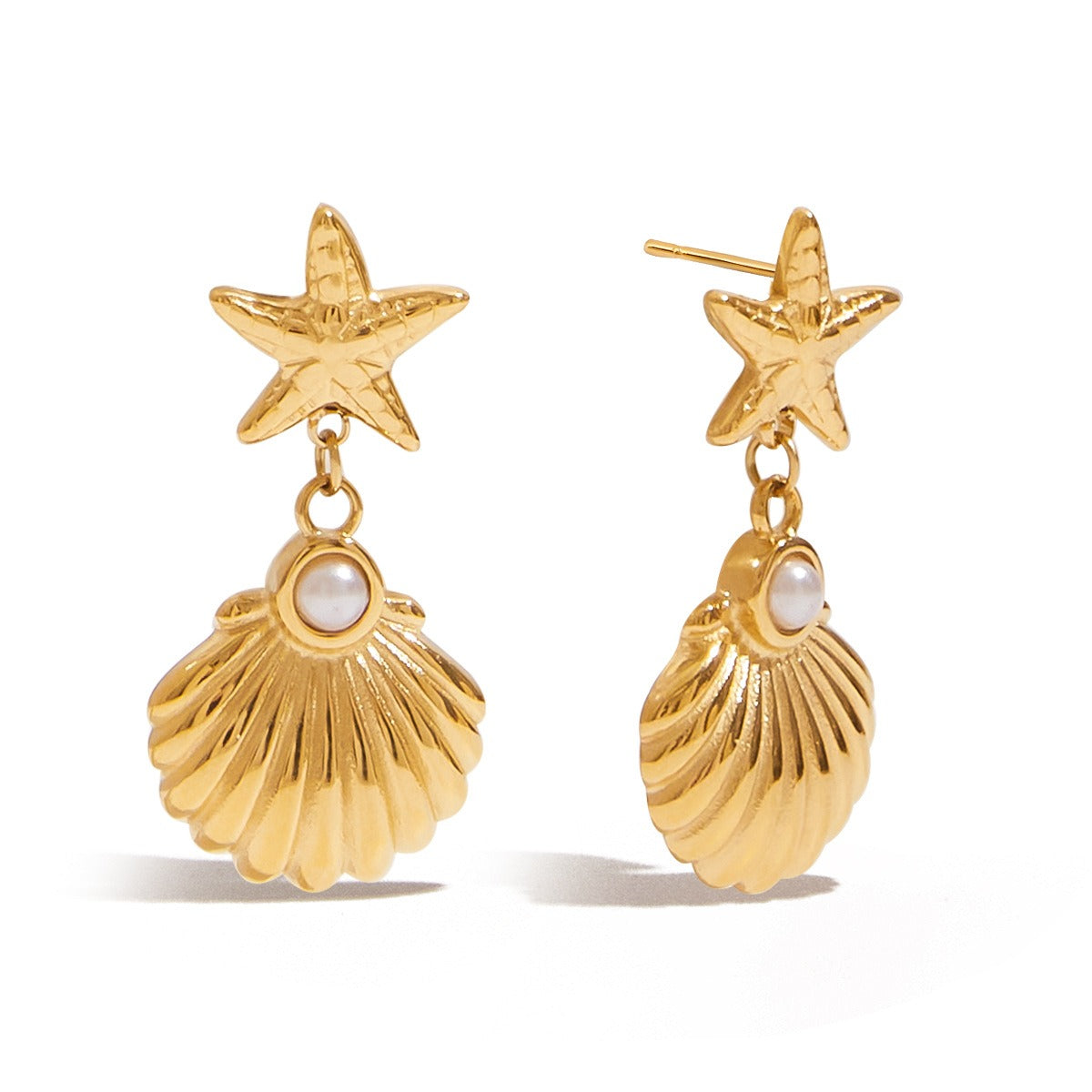 18K gold starfish and shell design ocean-style earrings
