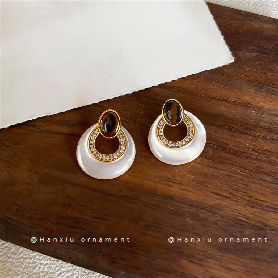 French Luxury U-Shaped Faux Tiger Eye Stone Stud Earrings For Women, Niche Elegant Daily Commute Versatile High Grade Ear Jewelry