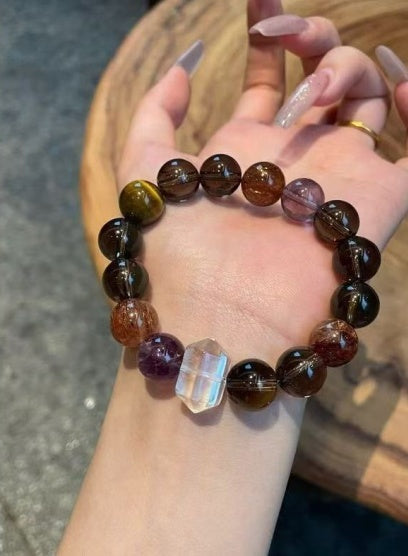 Natural Smoky Quartz Clear Quartz Bracelet Two Tone Beaded Chain Unisex Energy Jewelry