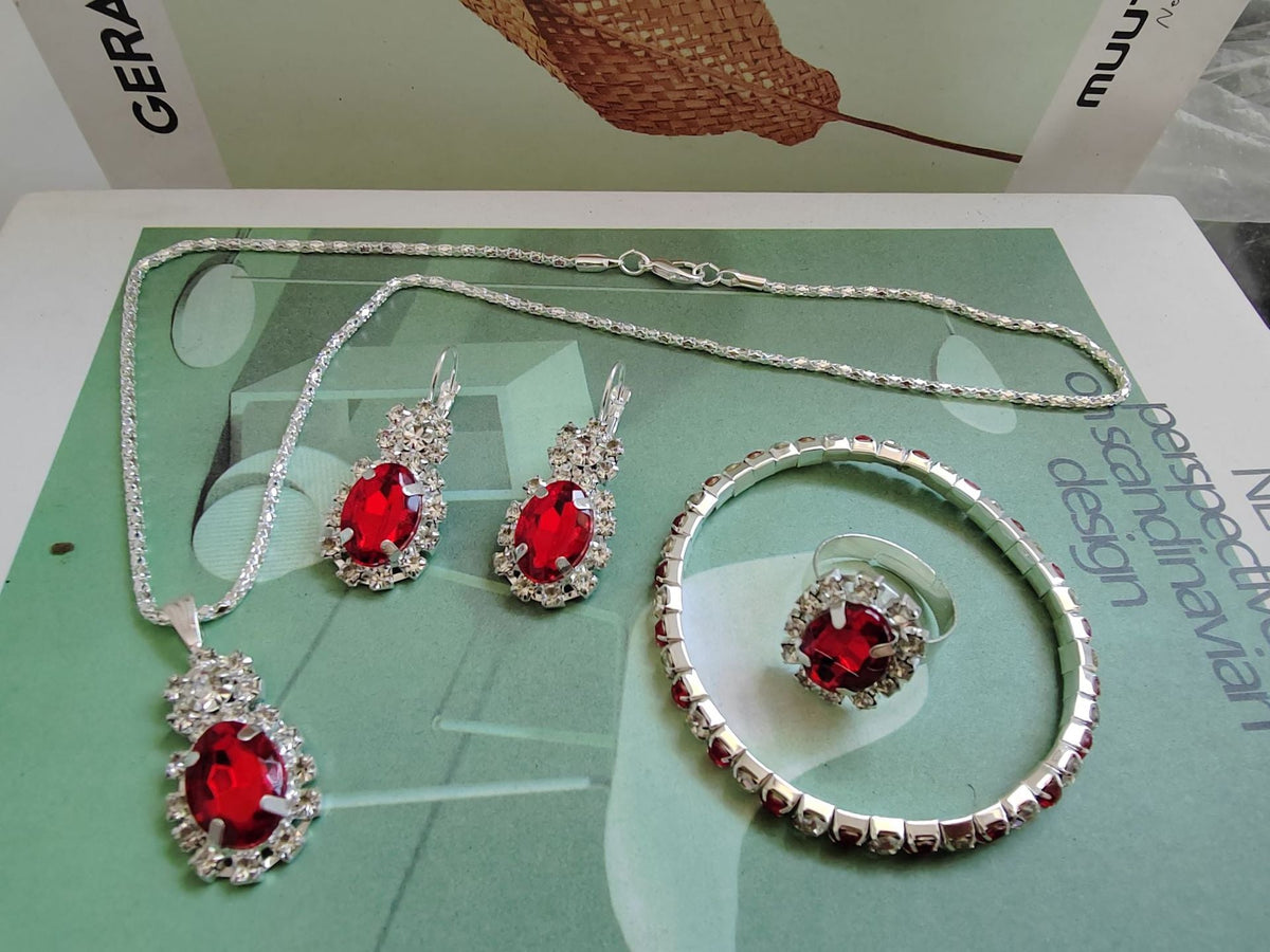 European And American Wholesale Four-Piece Set Of Diamond-Encrusted New Heart-Shaped Water Drop Rhinestone Necklace Earrings Ring Four-Piece Set For Women Cross-Border